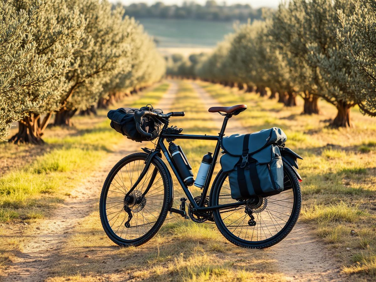 Bicicleta con alforjas entre olivos