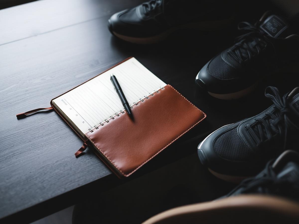 Cuaderno abierto junto a unas zapatillas de correr